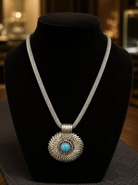 Silver-Tone Necklace with Turquoise Color Center Pendant - Women Jewelry